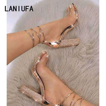 Load image into Gallery viewer, Big size 34-43 Women Heeled Sandals Bandage Rhinestone Ankle Strap Pumps Super High Heels 11 CM Square Heels Lady Shoes new #265